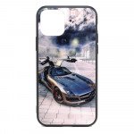 Wholesale iPhone 11 Pro Max (6.5in) Design Tempered Glass Hybrid Case (Silver Race Car)